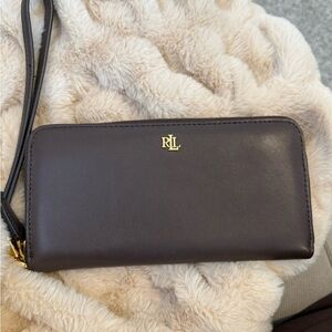 Ralph Lauren Dark Brown Leather Wristlet Wallet with Gold RLL